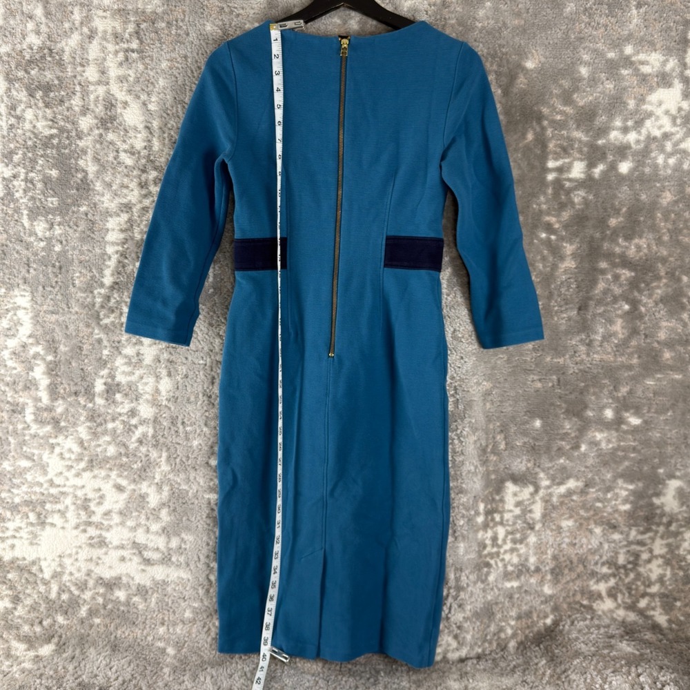 Boden Size 4 Minimalist Knee Length Sheath Dress Blue 3/4 Sleeve Zip Casual - Picture 2 of 9